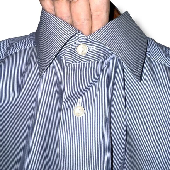 Eton Contemporary Blue Bengal Striped Twill Semi Spread Dress Shirt XL 17 - Picture 4 of 9